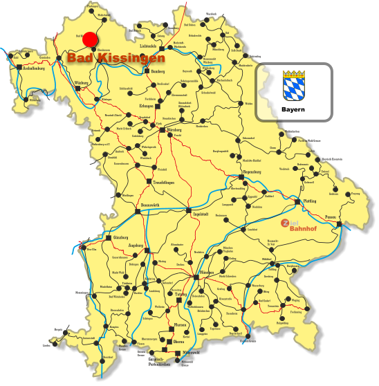 Wurzbach Lichtenfels Bamberg Erlangen Ingolstadt Tutzing Oberau Aschaffenburg Treuchtlingen Mittenwald Donauwörth Wüzburg Nürnberg Regensburg Plattling Passau Augsburg Murnau Günzburg München Melrichstadt Fludungen Ebenhausen Bad Kissingen Schweinfurt Kitzingen Gemünden Kahl Schönkrippen Miltenberg Ebern Coburg Bad Rodach Sonneberg Behringersmühle Ebermannstadt Forchheim Strullendorf Schlüsselfeld Fürth Markt Erlbach Cadolzburg Neustadt (Aisch) Steinach Rothenburg a.d.T. Ansbach Dombühl Windsbach Wickelsgreuth Pleinfeld Gunzenhausen Maxhütte-Haidhof Burglengenfeld Schwandorf Cham Waldmünchen Furth im Wald Grenze Lahm Weiden Neunkirchen Siegelsdorf Kirchenlaibach Schnabelwaid Bayreuth Weidenberg Neuenmarkt Wirsberg Münchberg Helmbrechts Hof Bad Steben Selb Stadt Schirnding Marktredwitz Neukirchen Simmelsdorf- Hüttenbach Hergatz Lindau Neu-Ulm Memmingen Mindelheim Buchloe Türkheim Bad Wörishofen Biessenhofen Füssen Kempten Garmisch- Partenkirchen Griesen  Grenze Pfronten Grenze Oberstdorf Immenstadt Oberammergau Weilheim Schöngau Landsberg Kaufering Bobingen Markt Wald Gessertshausen Mering Geltendorf Nördlingen Obertraubling Radldorf Neufahrn Eggmühl Langquaid Neuhausen Landshut Herrsching Wolfratshausen Dachau Altomünster München Flughafen Erding Markt Schwaben Grafing Wasserburg Neufahrn Mühldorf Neumarkt- St. Veit Rosenheim Deisenhofen Holzkirchen Kreuzstraße Lenggries Kochel Tegernsee Bayrischzell Traunstein Freyung Grafenau Zwiesel Bayrisch Eisenstein Bodenmais Viechtach Gotteszell Tüßling Burghausen Garching Obing Bad Endorf Feucht Waging Ruhpolding Freilassing Kufstein Grenze Mittenwald Grenze Hochstadt- Marktzeuln Bayern Bad Kissingen